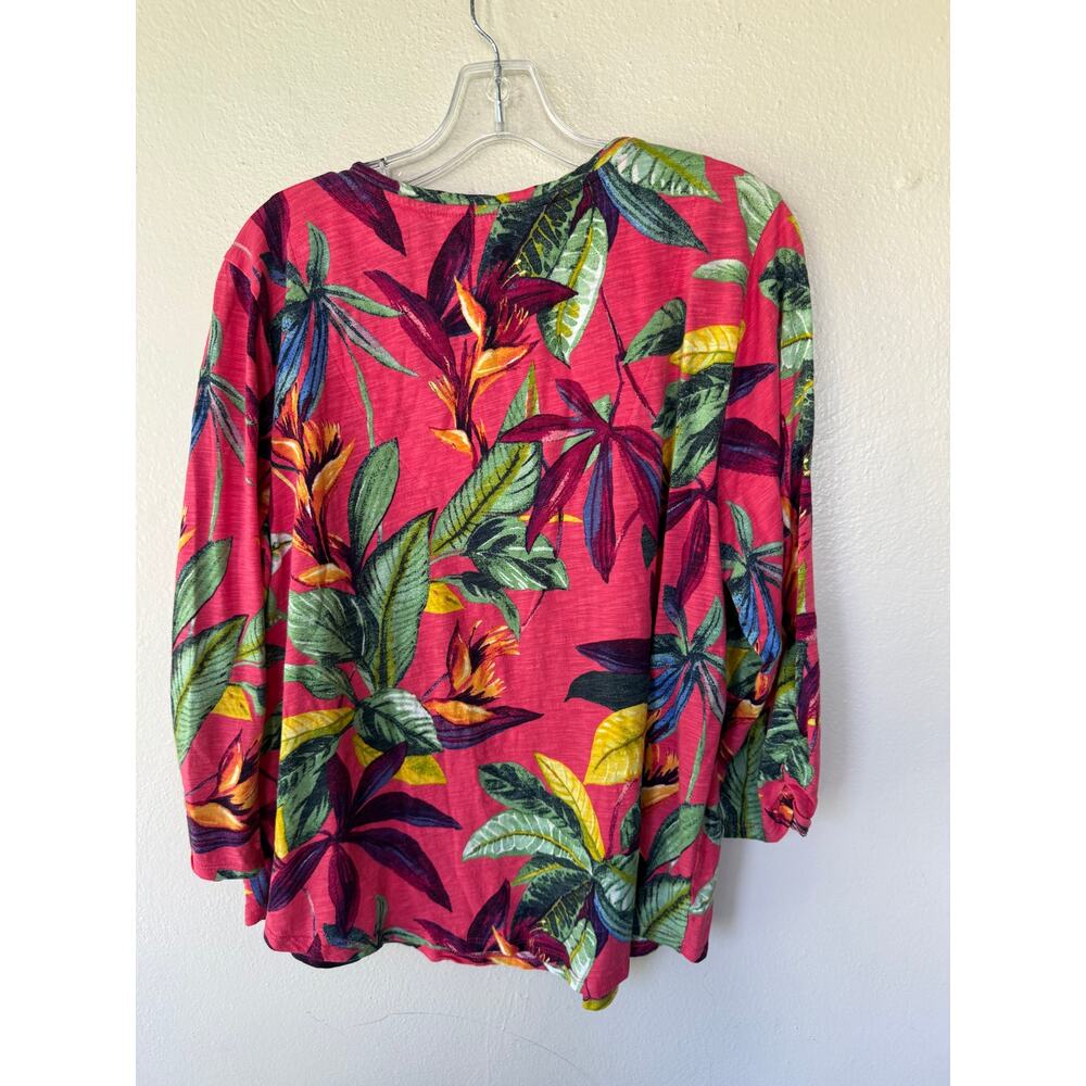 Chico’s 4 Size XXL Tropical Floral V Neck 3/4 Sleeve Top Pink Modal Cotton - Picture 8 of 11